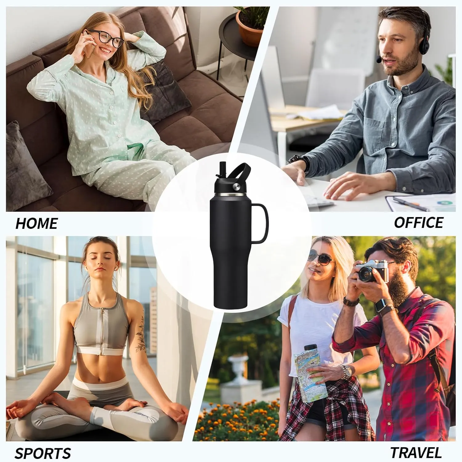 32 40 OZ Stainless-Steel Tumblers with Handle - Vacuum Insulated Water Bottles with Straw, Strap Carrier Bag & Protective Boot, Leak Proof Coffee Tumbler Thermo Flask Cups for Car Office Gym