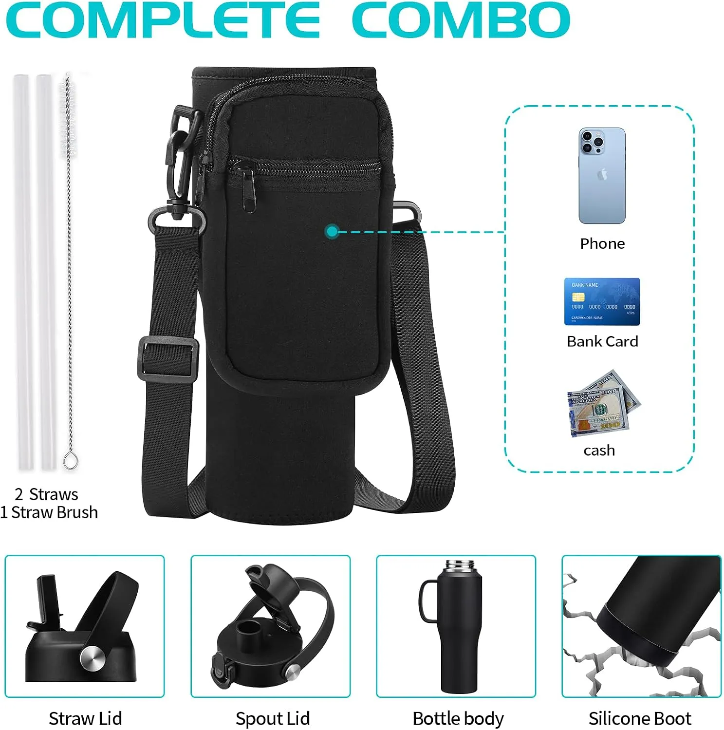 32 40 OZ Stainless-Steel Tumblers with Handle - Vacuum Insulated Water Bottles with Straw, Strap Carrier Bag & Protective Boot, Leak Proof Coffee Tumbler Thermo Flask Cups for Car Office Gym