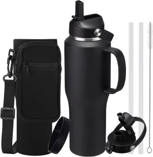 32 40 OZ Stainless-Steel Tumblers with Handle - Vacuum Insulated Water Bottles with Straw, Strap Carrier Bag & Protective Boot, Leak Proof Coffee Tumbler Thermo Flask Cups for Car Office Gym