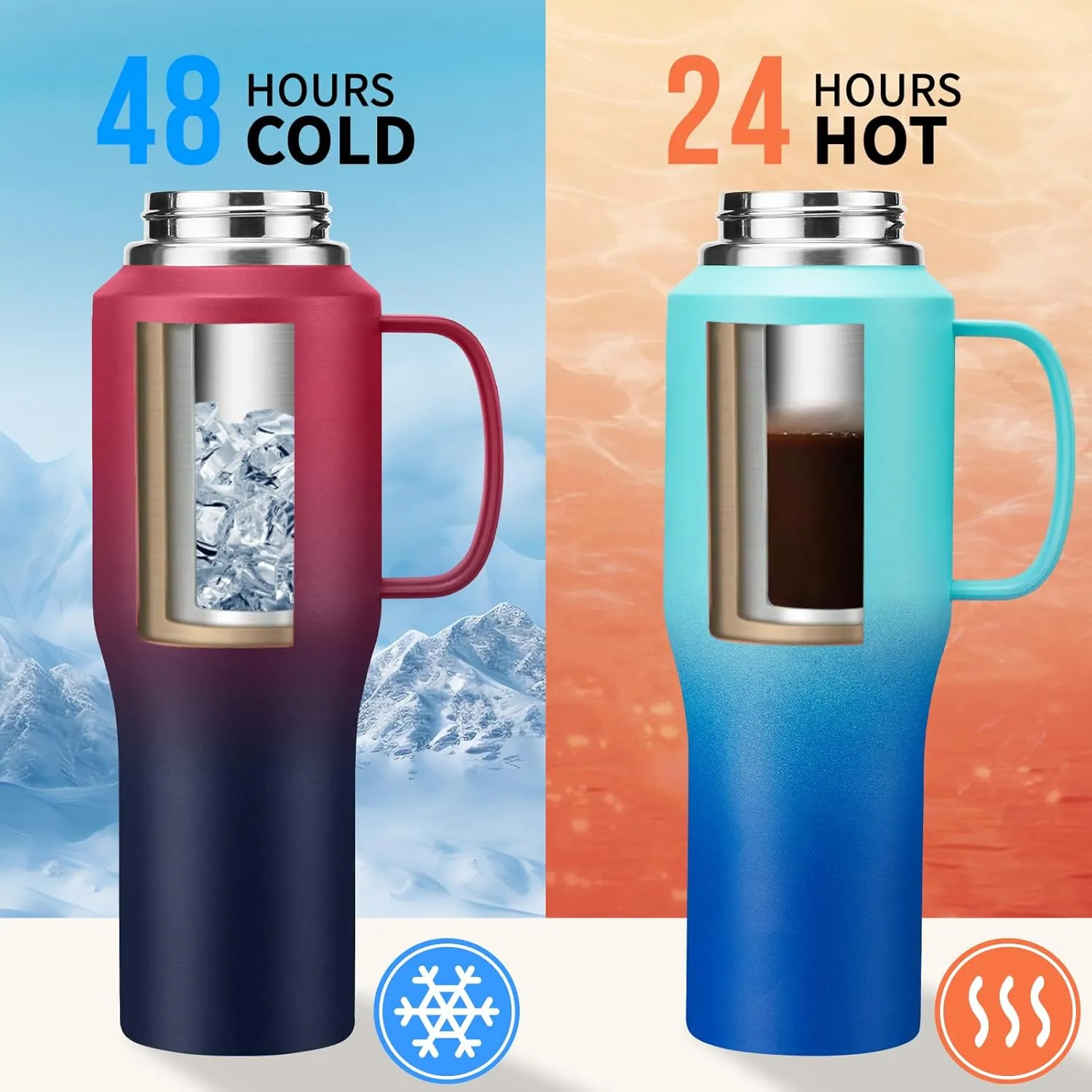 32 40 OZ Stainless-Steel Tumblers with Handle - Vacuum Insulated Water Bottles with Straw, Strap Carrier Bag & Protective Boot, Leak Proof Coffee Tumbler Thermo Flask Cups for Car Office Gym