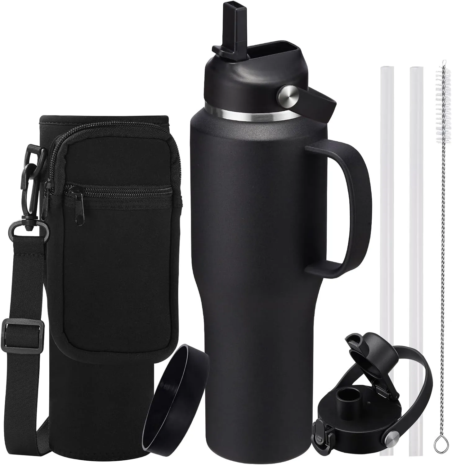 32 40 OZ Stainless-Steel Tumblers with Handle - Vacuum Insulated Water Bottles with Straw, Strap Carrier Bag & Protective Boot, Leak Proof Coffee Tumbler Thermo Flask Cups for Car Office Gym