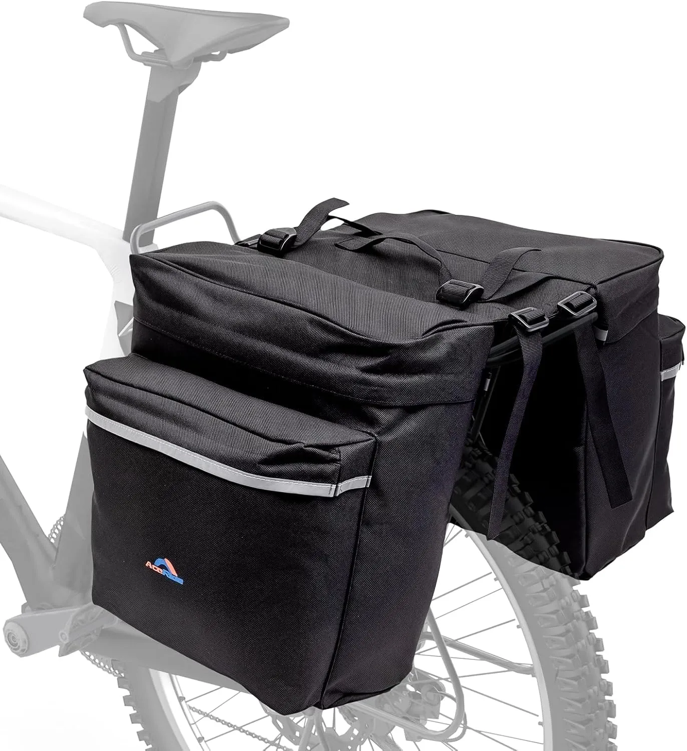 34L Water Resistant Bike Panniers for Mountain/Road/Electric Bikes Universal Rear Rack Bag with 6 Reinforced Buckles | Durable Oxford Fabric & Reflective Safety Strips