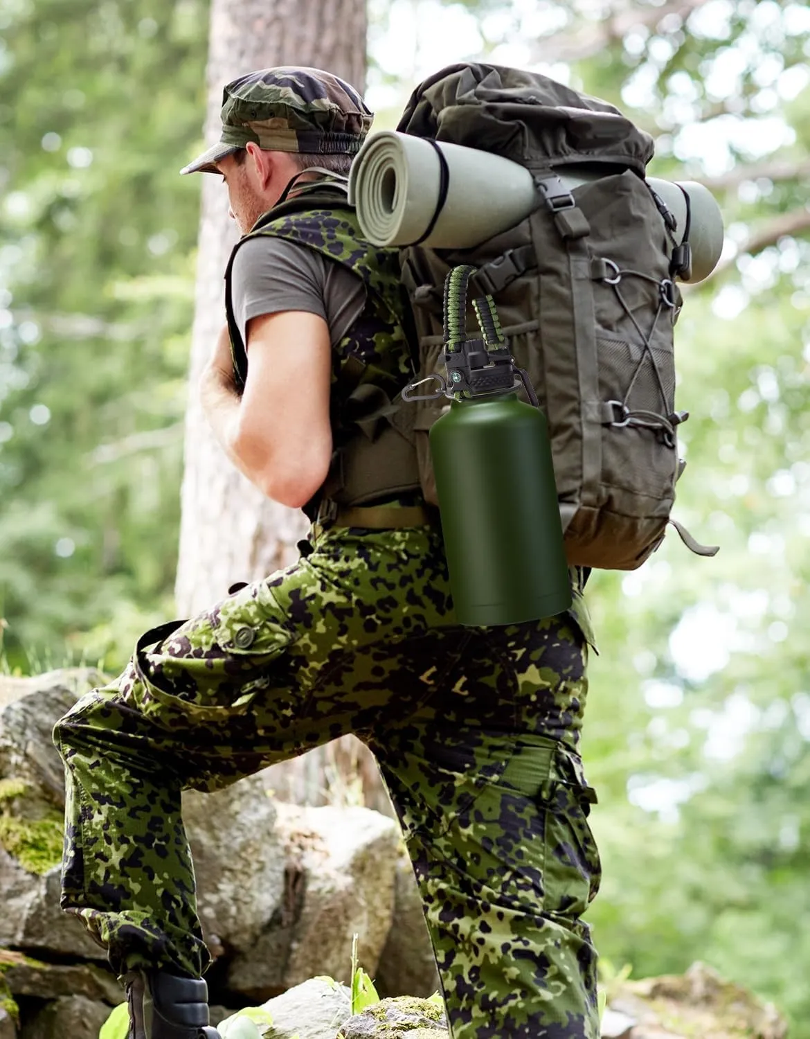 64 oz Canteen Water Bottle with Strap Tactical Half Gallon Insulated Jug Cold for 48 Hrs Stainless Steel Military Large Flask with Spout Lids, Carrier Bag Ideal for Hunting Survival Hiking Camping