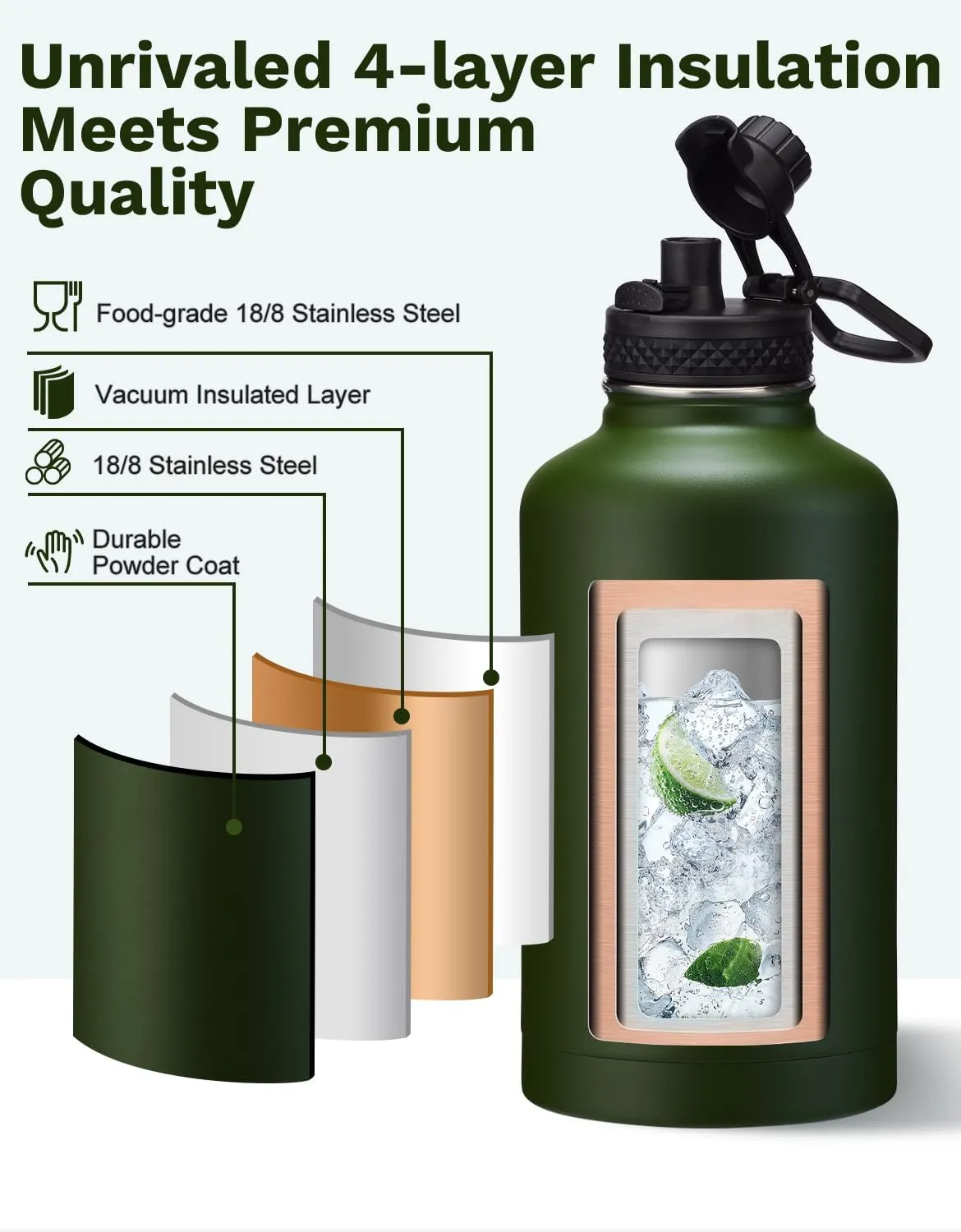 64 oz Canteen Water Bottle with Strap Tactical Half Gallon Insulated Jug Cold for 48 Hrs Stainless Steel Military Large Flask with Spout Lids, Carrier Bag Ideal for Hunting Survival Hiking Camping