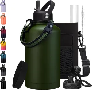 64 oz Canteen Water Bottle with Strap Tactical Half Gallon Insulated Jug Cold for 48 Hrs Stainless Steel Military Large Flask with Spout Lids, Carrier Bag Ideal for Hunting Survival Hiking Camping