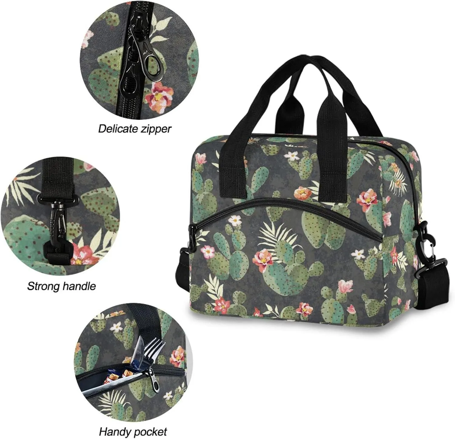 ALAZA Vintage Cactus Print Pattern with Flower Insulated Lunch Box Reusable Cooler Bags with Shoulder Strap for Women Men Adults, 19-Can (12.5L)