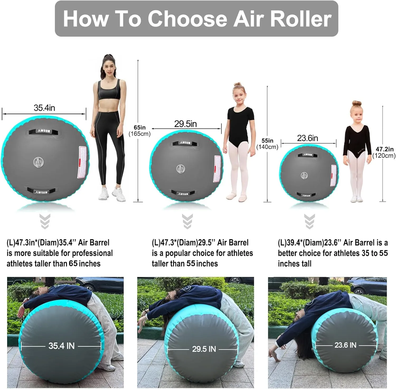 AWSUM Air Roller Gymnastics Barrel Inflatable Tumbling Mat Back Handspring Trainer for Octagon Mat Gym Home Gymnastics Equipment，No Electric Pump