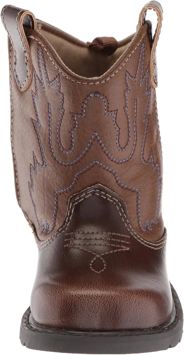 Baby Deer, Faux-leather, Rubber-soled, Kids Round Toe Western Boot for Toddler Boys or Girls with Ornamental Cowboy Stitching and Hook-and-loop Closure