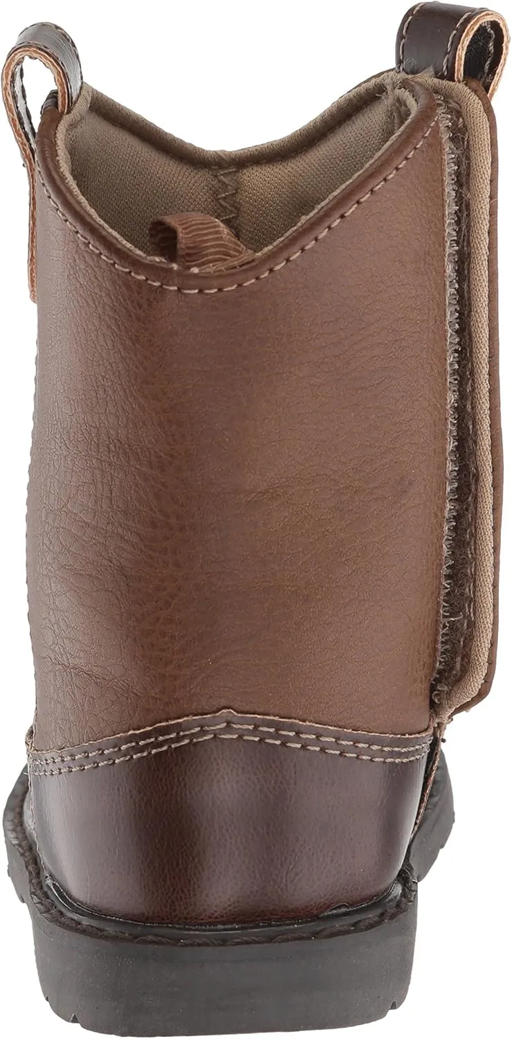 Baby Deer, Faux-leather, Rubber-soled, Kids Round Toe Western Boot for Toddler Boys or Girls with Ornamental Cowboy Stitching and Hook-and-loop Closure