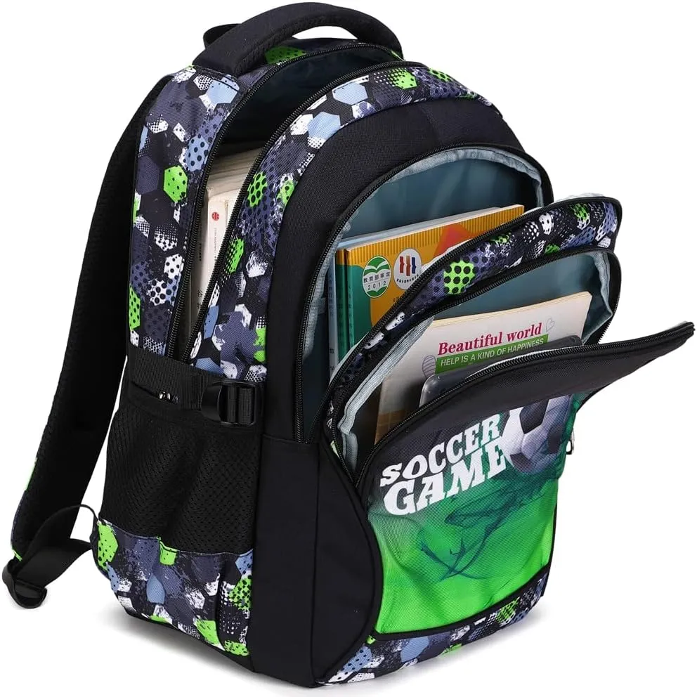 Backpack Boys Elementary School Bookbag Durable Heavy Duty Student Teenage Sturdy Kids Travel Waterproof Big (Green-Soccer)