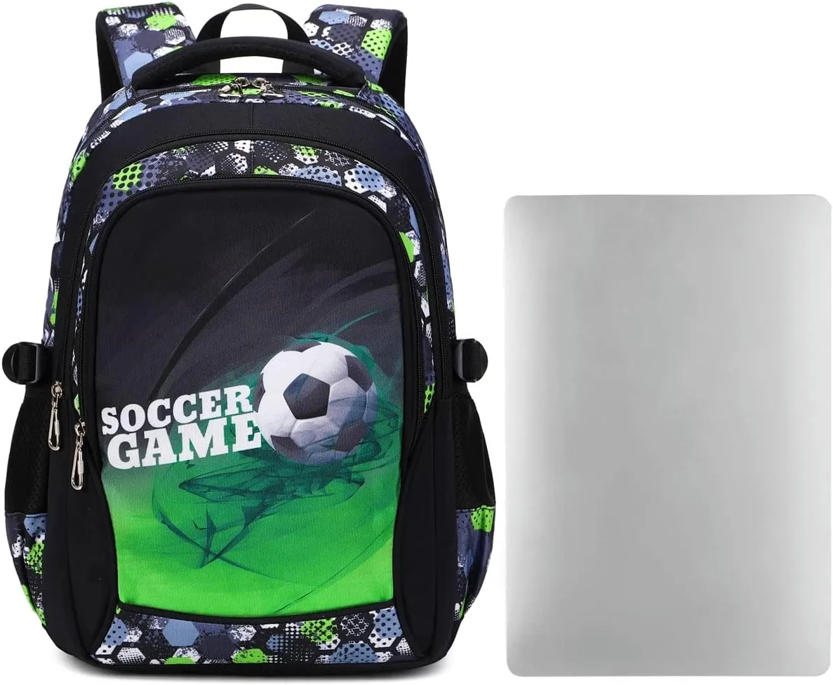 Backpack Boys Elementary School Bookbag Durable Heavy Duty Student Teenage Sturdy Kids Travel Waterproof Big (Green-Soccer)