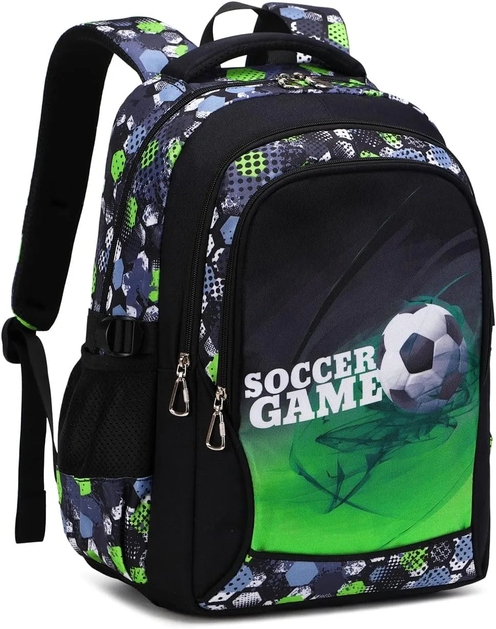 Backpack Boys Elementary School Bookbag Durable Heavy Duty Student Teenage Sturdy Kids Travel Waterproof Big (Green-Soccer)
