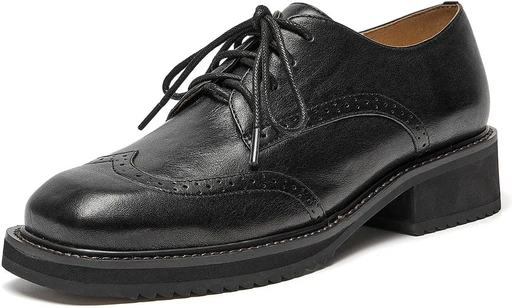 BEAU TODAY Oxford Shoes for Women,Leather Brogue Dress Shoes,Comfort Brethable Ladies Lace-up Handmade Wingtip Shoes for Business Work