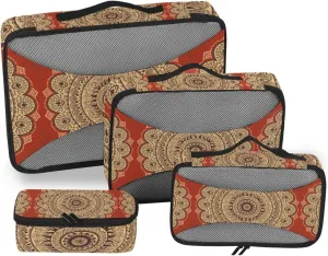 Beautiful Vintage Ornament Retro Mandala Flower 4 PCs Set Packing Bags, Luggage Organizer Bag, Portable Cube Toiletry bag, Durable Travel Cosmetic Storage Bag for Men Women