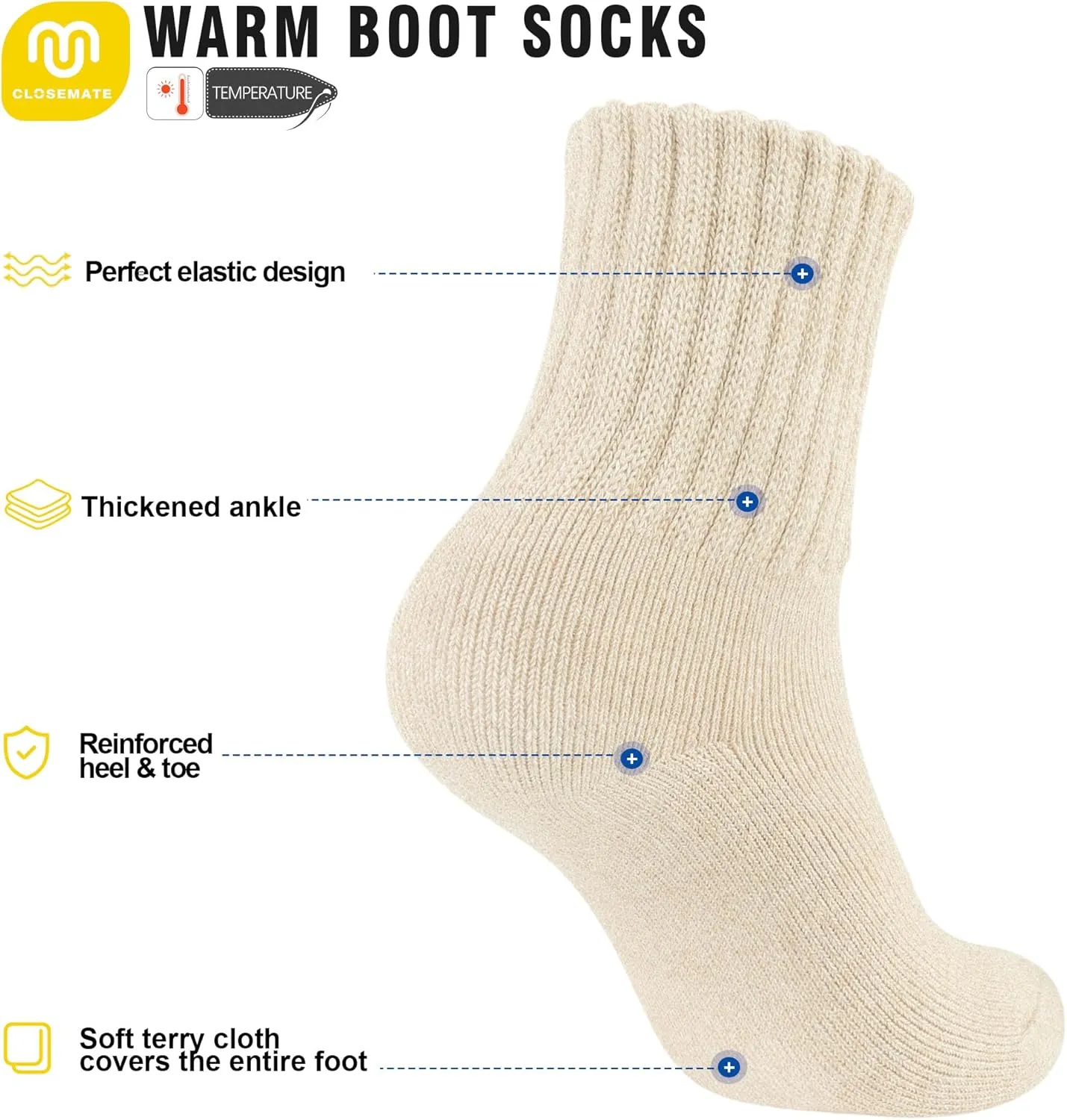 CLOSEMATE Womens Thick Full Cushioned Thermal Warm Boot Socks for Winter 3 Pairs