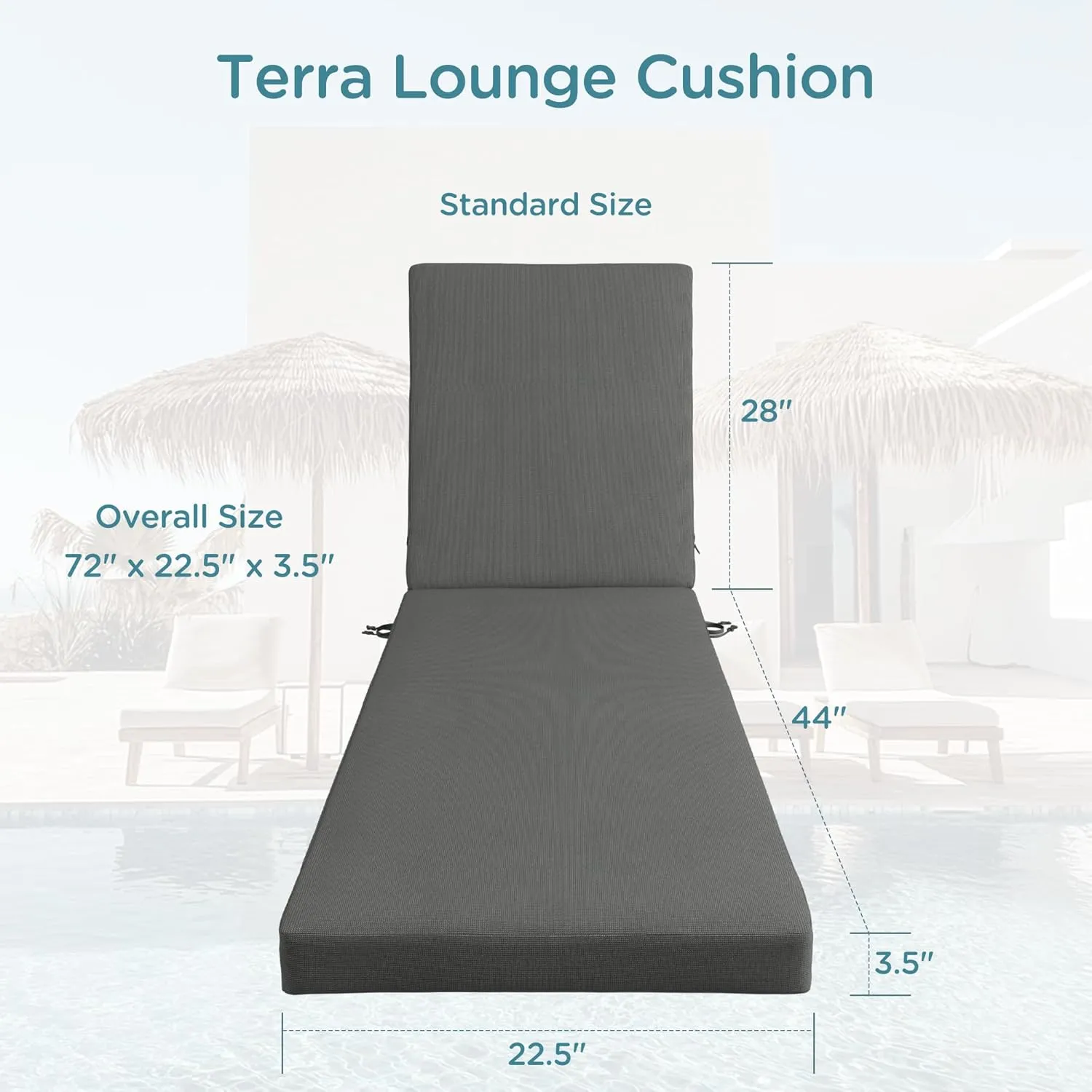 Codi Chaise Lounge Cushions Outdoor, Pool Lounges Chair Cushion Set, Waterproof for Patio Furniture, 72 x 22.5 x 3.5 Inch 2PK Grey