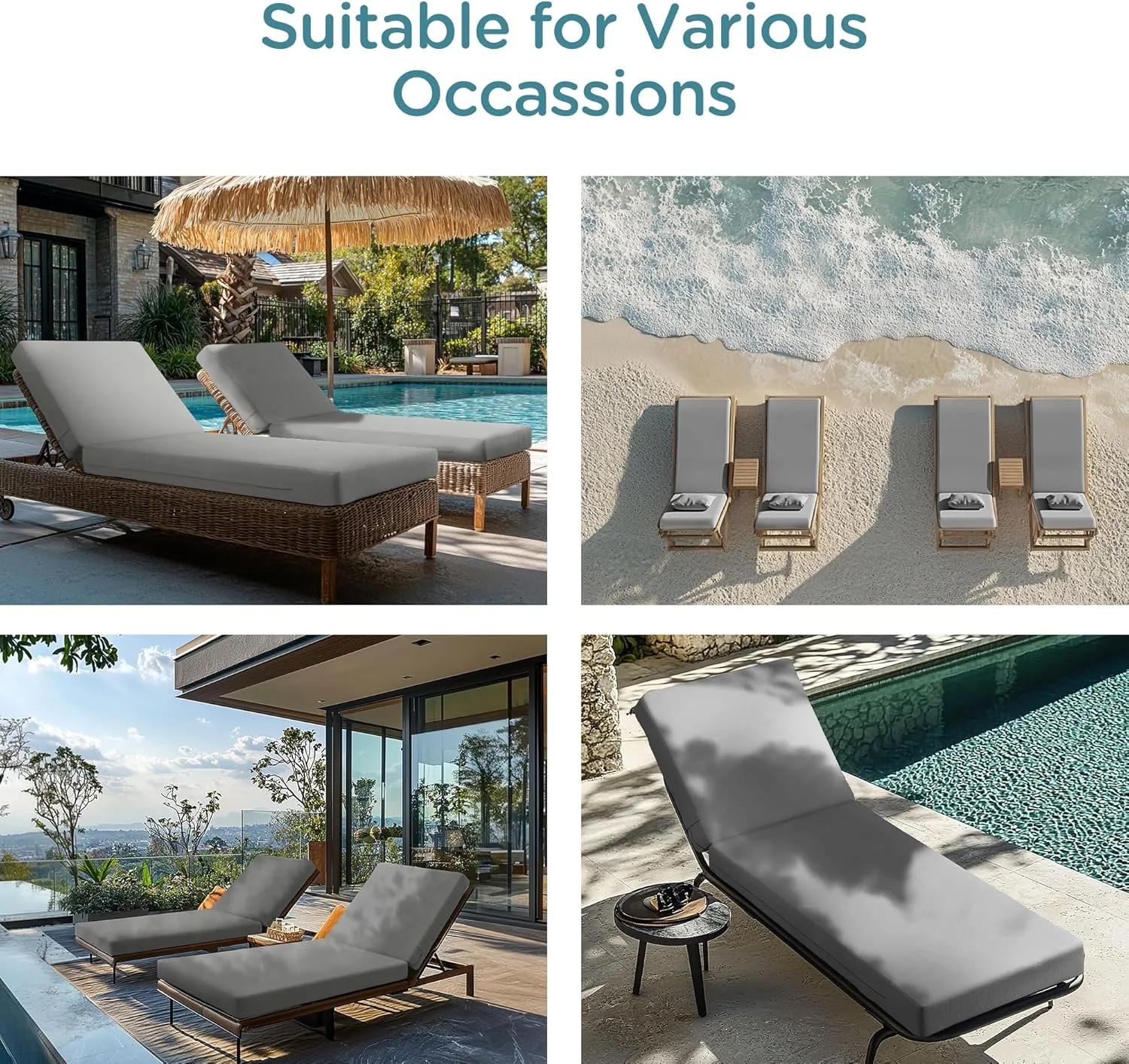 Codi Chaise Lounge Cushions Outdoor, Pool Lounges Chair Cushion Set, Waterproof for Patio Furniture, 72 x 22.5 x 3.5 Inch 2PK Grey