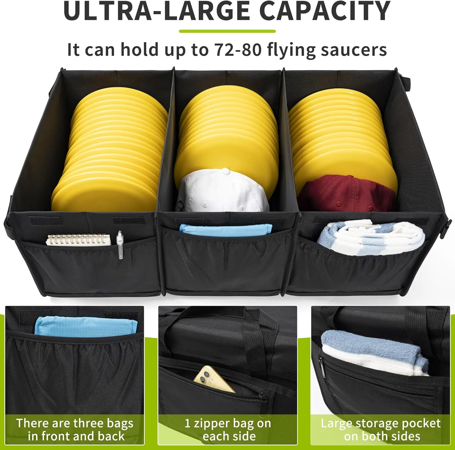 Disc Golf Storage Bag Durable Large Capacity with Dividers and Multi Side Pockets, Black