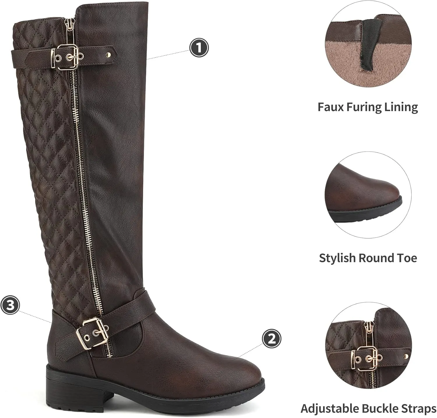 DREAM PAIRS Women's Knee High Boots Low Block Heel Riding Boots Round Toe Side Zipper Biker Motorcycle Buckle Boots