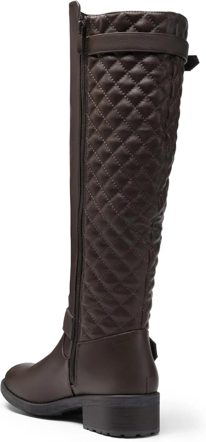 DREAM PAIRS Women's Knee High Boots Low Block Heel Riding Boots Round Toe Side Zipper Biker Motorcycle Buckle Boots