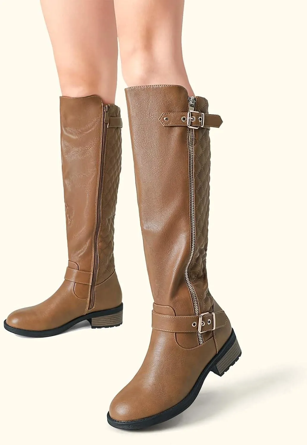 DREAM PAIRS Women's Knee High Boots Low Block Heel Riding Boots Round Toe Side Zipper Biker Motorcycle Buckle Boots
