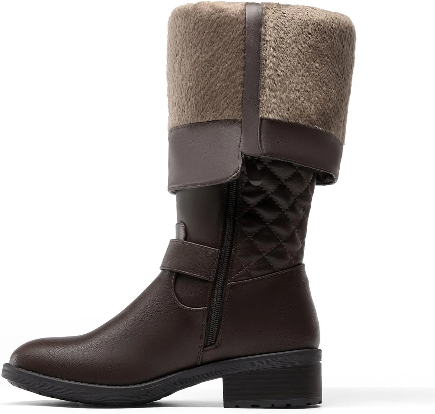DREAM PAIRS Women's Knee High Boots Low Block Heel Riding Boots Round Toe Side Zipper Biker Motorcycle Buckle Boots