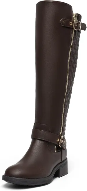 DREAM PAIRS Women's Knee High Boots Low Block Heel Riding Boots Round Toe Side Zipper Biker Motorcycle Buckle Boots