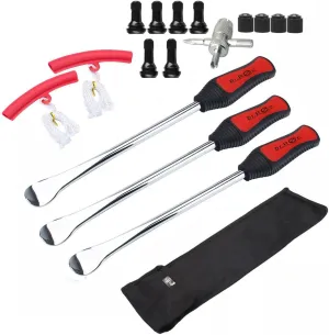 Dr.Roc Tire Spoon Lever Dirt Bike Lawn Mower Motorcycle Tire Changing Tools with Stable Bag 3 Tire Irons 2 Rim Protectors 1 Valve Stems Set TR412 TR413