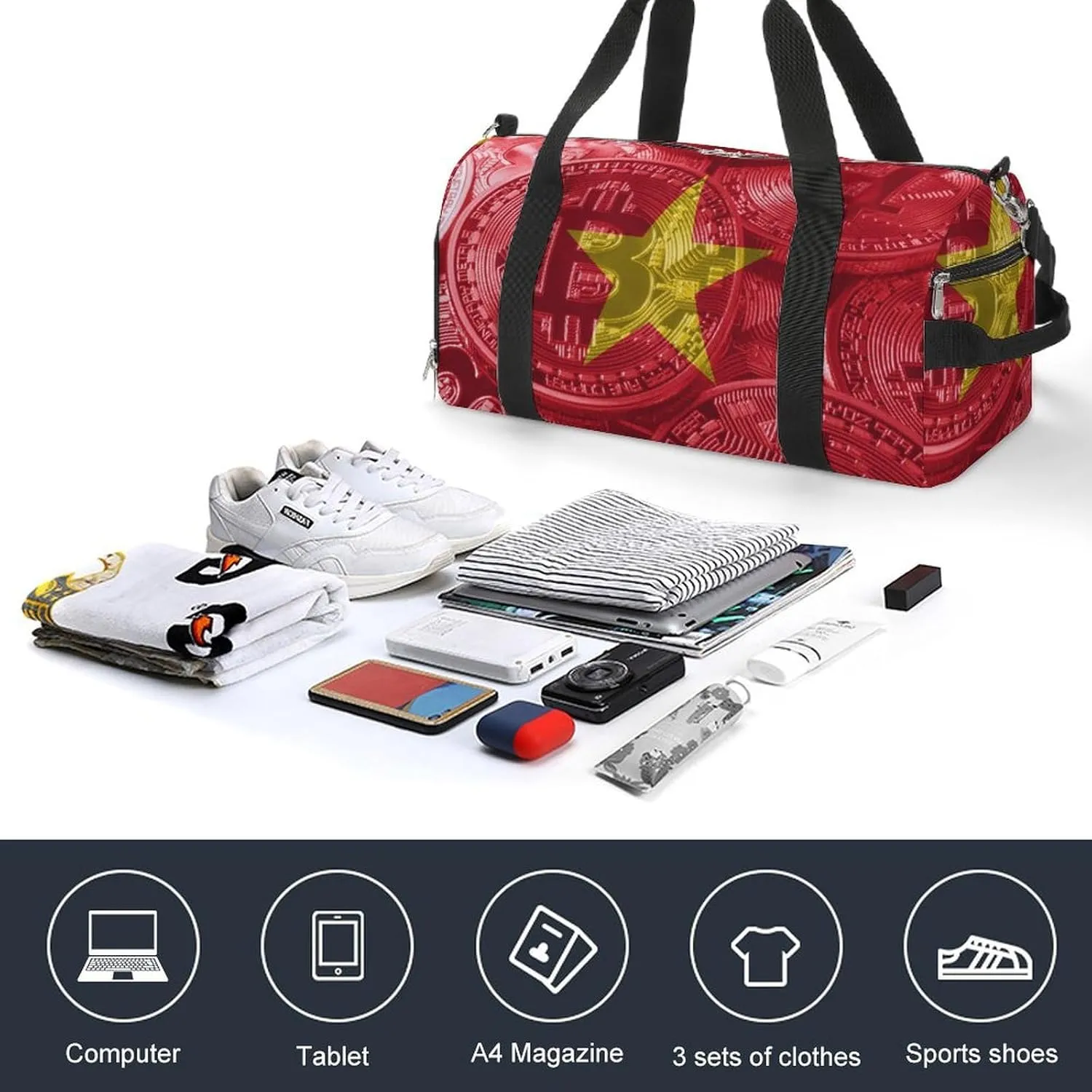 Duffel Bag with Vietnam Flag Bitcoin for Women Men Shoe Compartment Travel Weekender