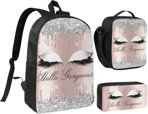 Eyelashes Silver Rose Drips 3-Piece Backpack Set – Lightweight backpack, Insulated Lunch Bag & Pencil Case, Durable Oxford for Travel/Work