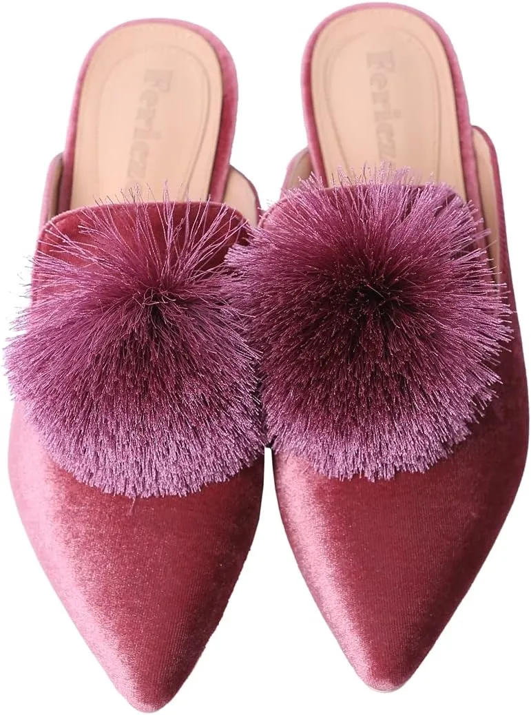Fericzot Slip On Mule Backless Loafers Flats Puff Pompom Pointed Toe Casual Shoes Slippers