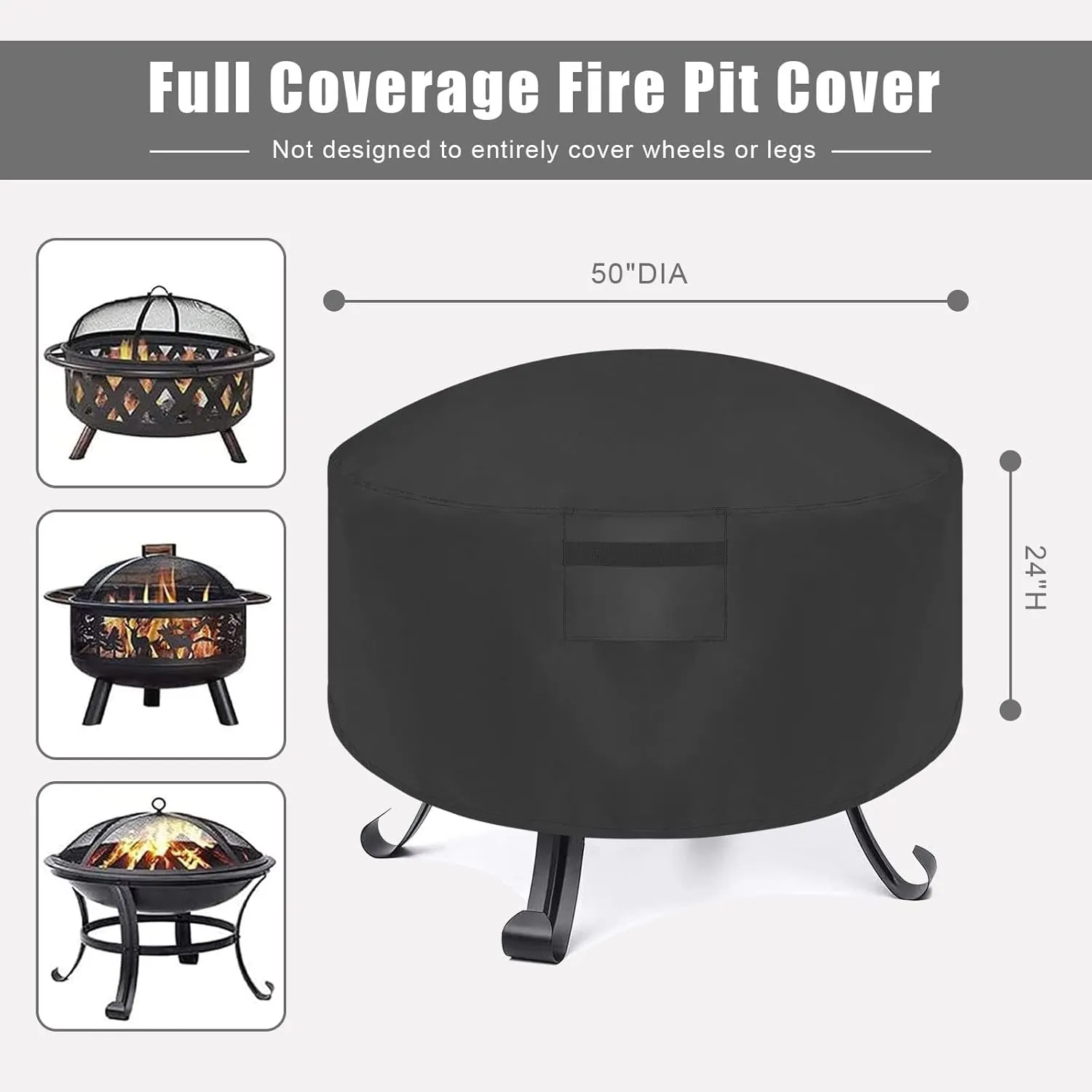 Firepit Covers Round for 36/38/40/48/50 inch Waterproof 600D Heavy Duty Outdoor Patio Fire Pit Cover Black with Drawstring Closure Dustproof