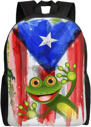 GTEVUTS Tropical Frog Puerto Rico Backpack for Men Women - Puerto Rico Gifts-Patriotic Chic Laptop Black Shoulder Bag Travel Camping Work Outdoor Backpacks,15 Inch,Black
