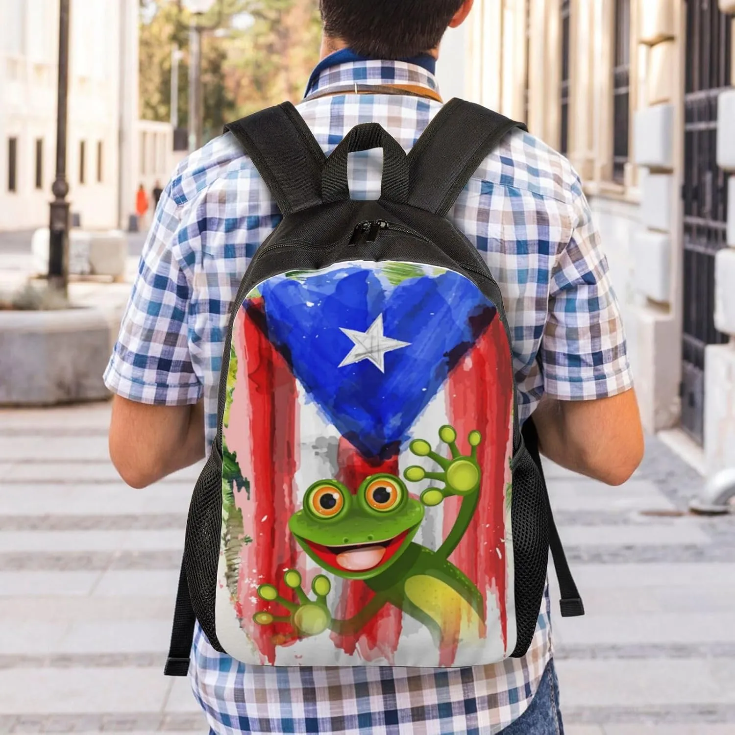 GTEVUTS Tropical Frog Puerto Rico Backpack for Men Women - Puerto Rico Gifts-Patriotic Chic Laptop Black Shoulder Bag Travel Camping Work Outdoor Backpacks,15 Inch,Black