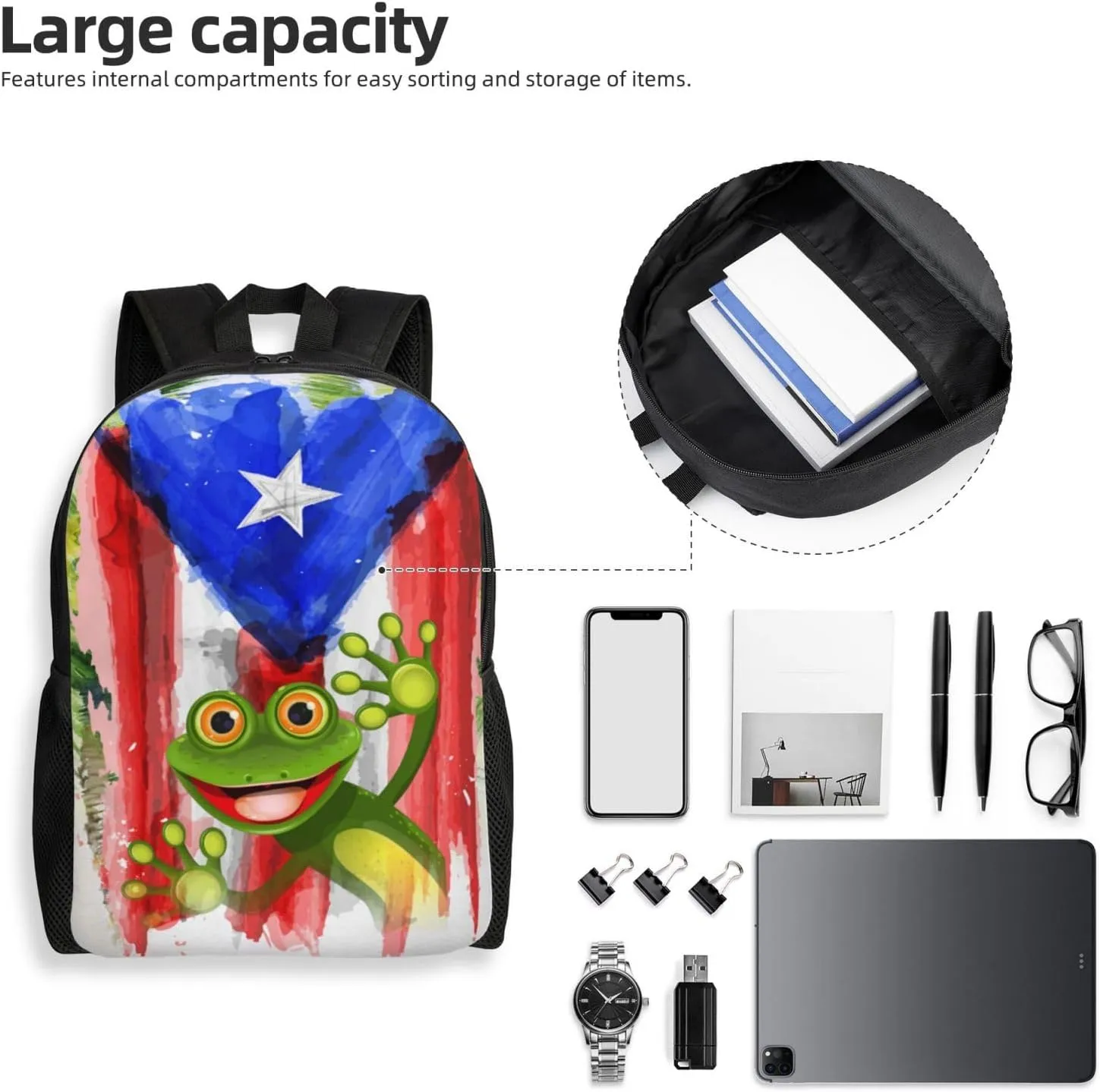 GTEVUTS Tropical Frog Puerto Rico Backpack for Men Women - Puerto Rico Gifts-Patriotic Chic Laptop Black Shoulder Bag Travel Camping Work Outdoor Backpacks,15 Inch,Black