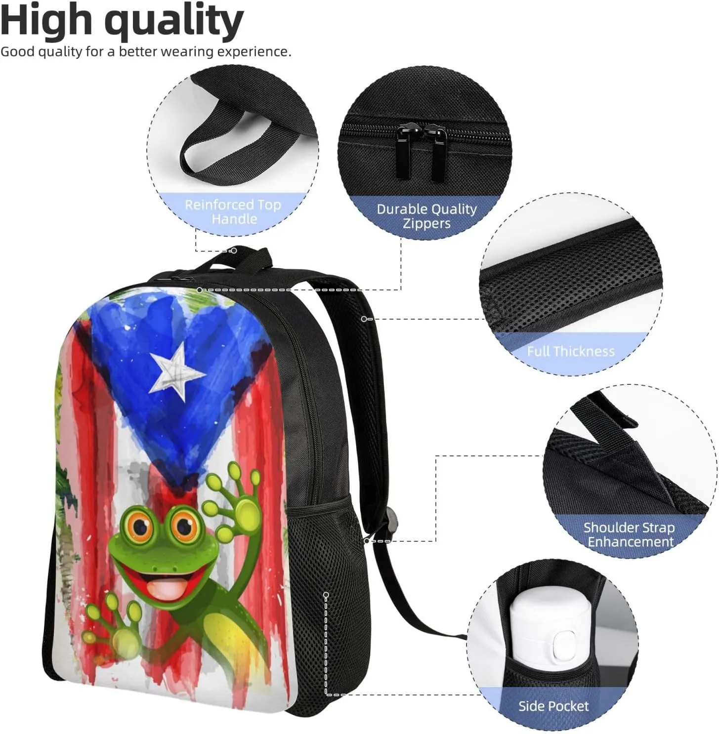 GTEVUTS Tropical Frog Puerto Rico Backpack for Men Women - Puerto Rico Gifts-Patriotic Chic Laptop Black Shoulder Bag Travel Camping Work Outdoor Backpacks,15 Inch,Black