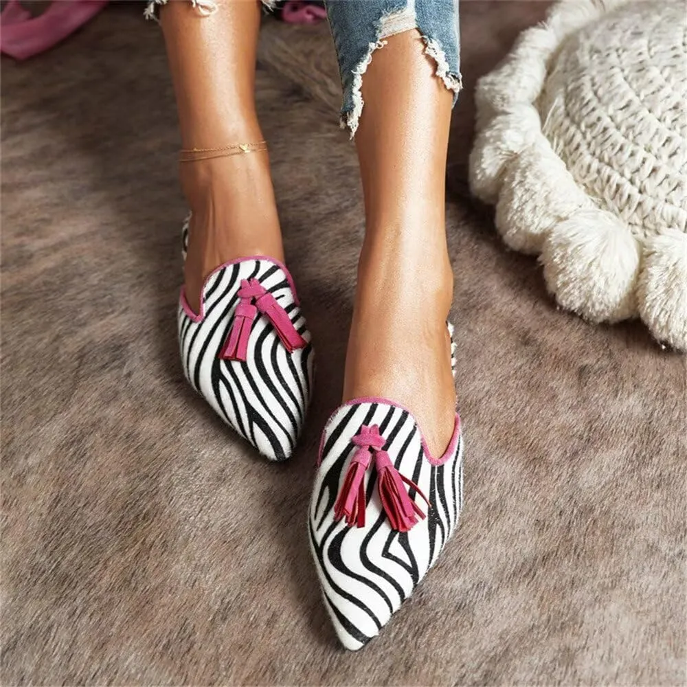 Hee grand Women Mules Closed Pointed Toe Tassel Flat Mules Casual Outdoor Slippers Slip On Backless Loafers