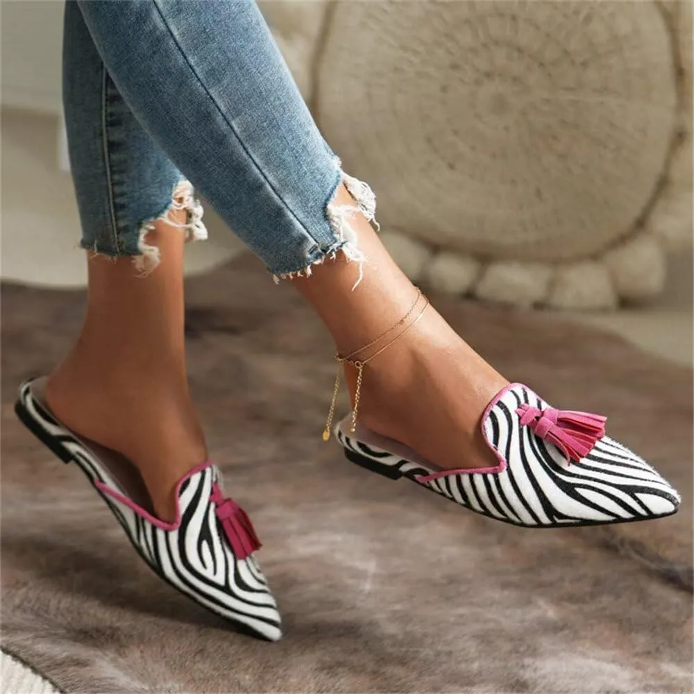 Hee grand Women Mules Closed Pointed Toe Tassel Flat Mules Casual Outdoor Slippers Slip On Backless Loafers