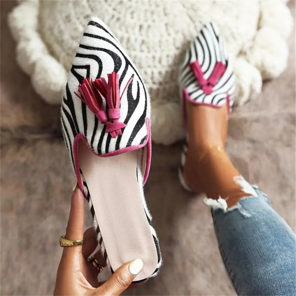 Hee grand Women Mules Closed Pointed Toe Tassel Flat Mules Casual Outdoor Slippers Slip On Backless Loafers