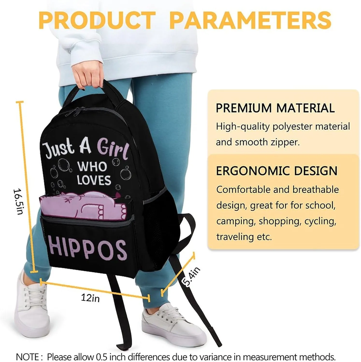 Hippo Backpack for Girls Boys, 16 Inch Backpacks for School, Cute, Adjustable Straps, Durable, Lightweight, Large Capacity Bookbag for Kids
