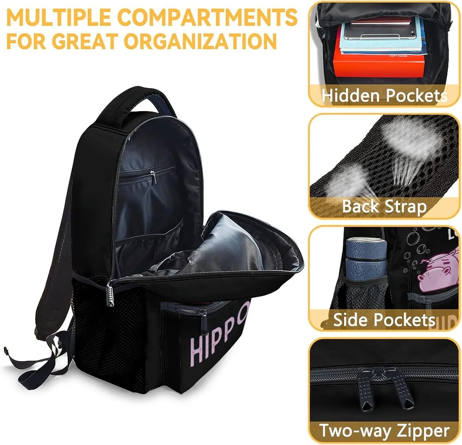 Hippo Backpack for Girls Boys, 16 Inch Backpacks for School, Cute, Adjustable Straps, Durable, Lightweight, Large Capacity Bookbag for Kids