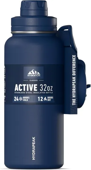 Hydrapeak 32oz Sport Insulated Water Bottle with Straw & Chug Lid, Leak & Spill Proof, Keeps Drinks Cold for 24 Hours, Hot for 12 Hours, Premium Stainless Steel Water Bottles (32oz, Navy)