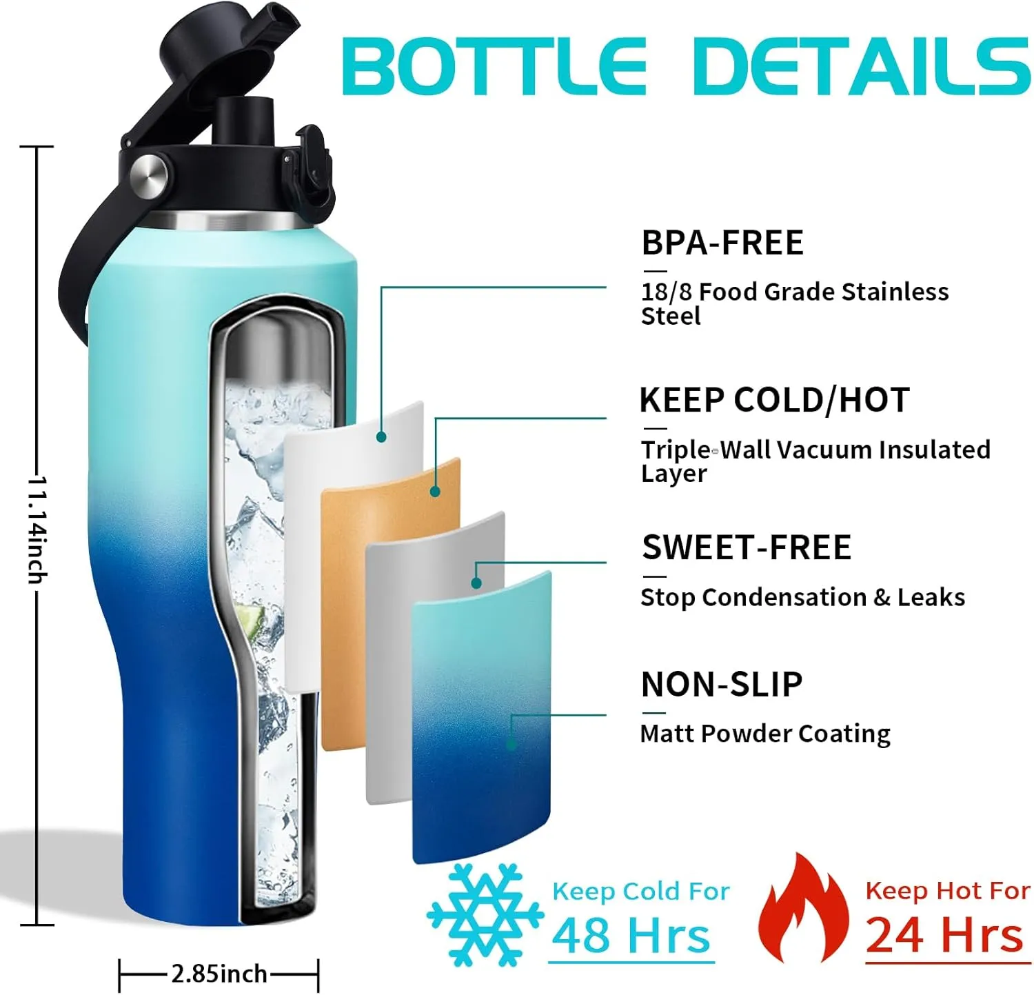 Insulated Water-Cup Skinny-Tumbler Lid Straw 40 oz Stainless Steel Tumblers Insulated Water Bottles fits in Cup Holder Leak Proof Metal Flask Water Cup Straw Spout Lids for Women Men
