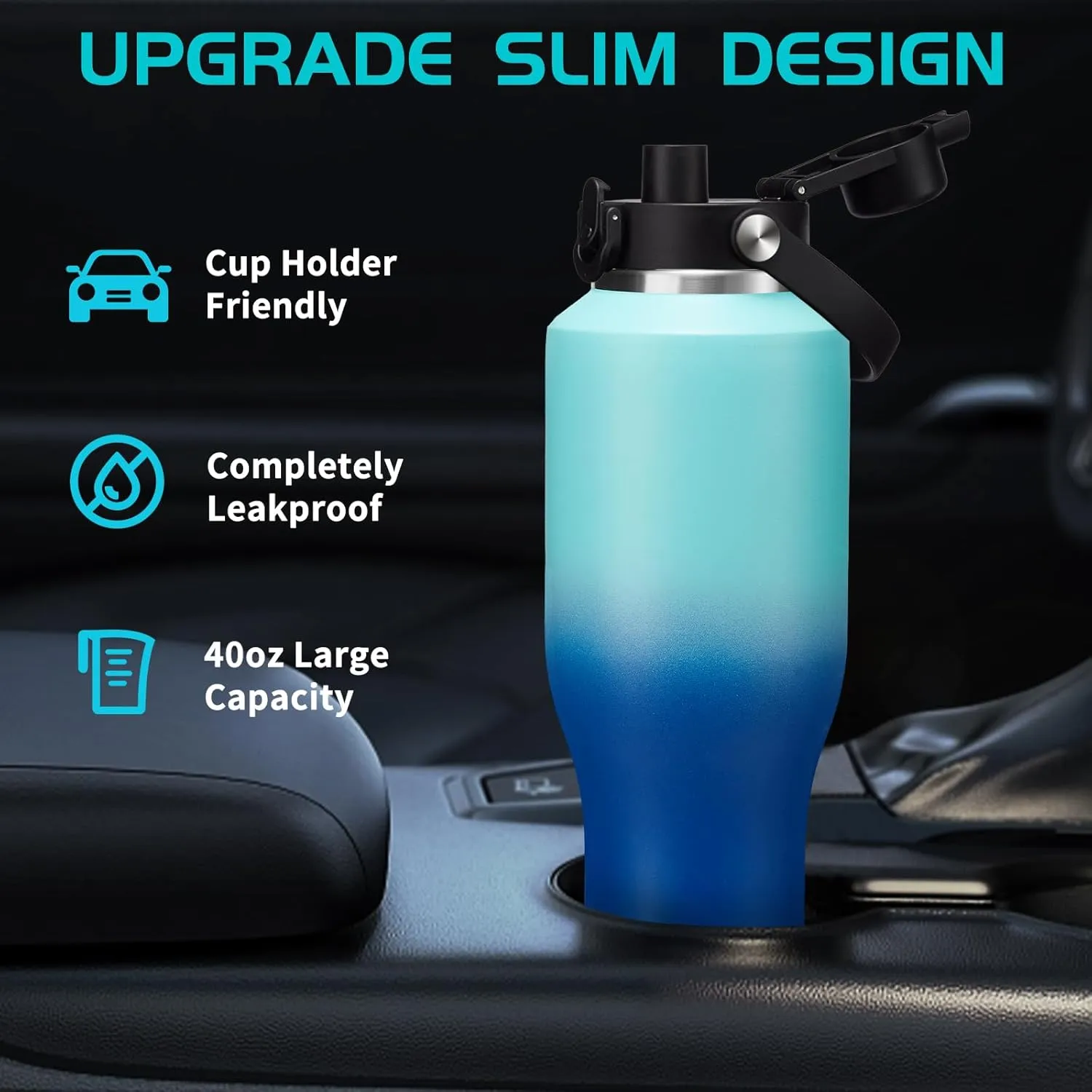Insulated Water-Cup Skinny-Tumbler Lid Straw 40 oz Stainless Steel Tumblers Insulated Water Bottles fits in Cup Holder Leak Proof Metal Flask Water Cup Straw Spout Lids for Women Men