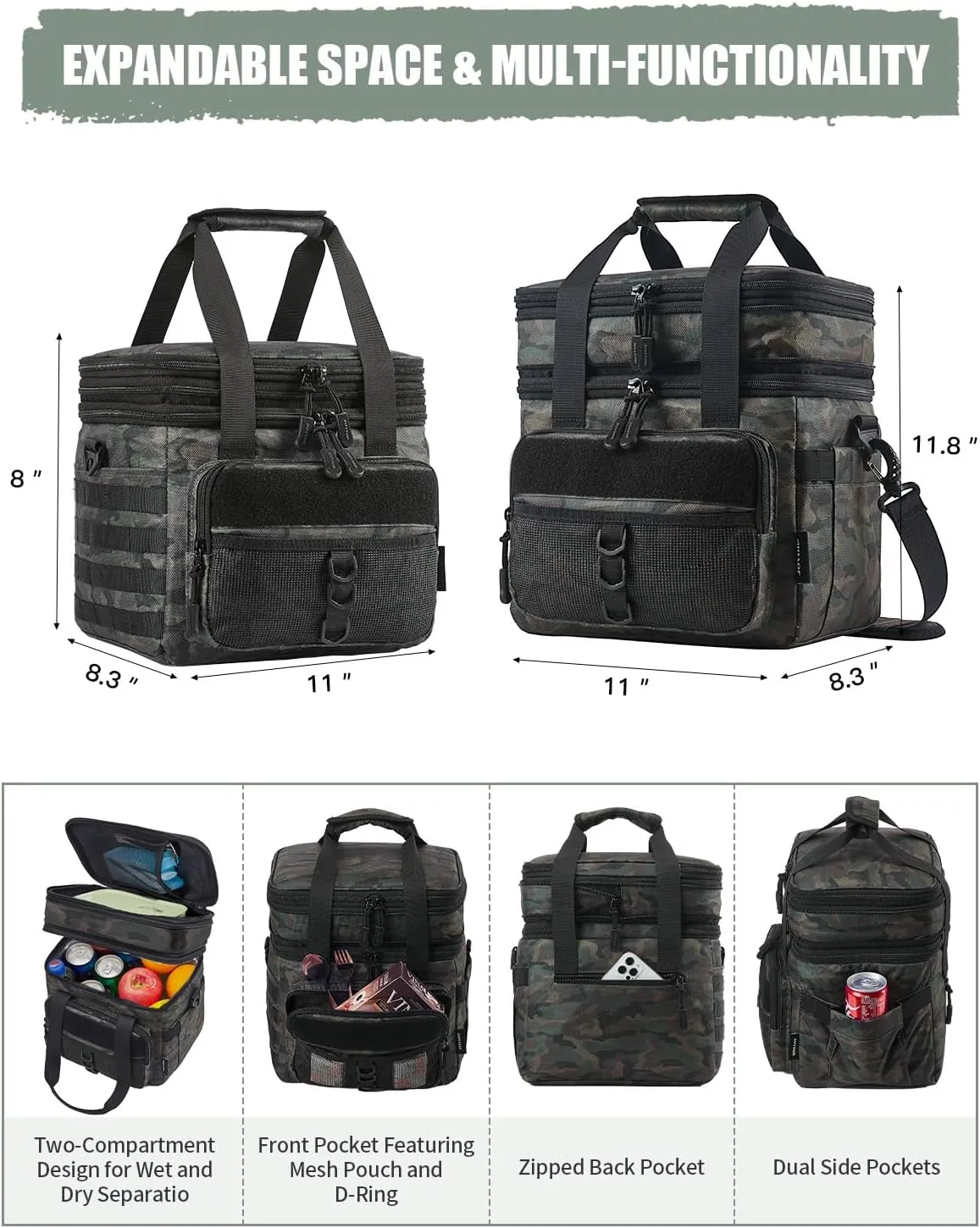 JOYHILL 18 L Tactical Lunch Box - Insulated, Leakproof, and Expandable Double-Deck Cooler Bag for Work, Camping, Picnic - Durable Black Lunch Bag for Adults,24 Can