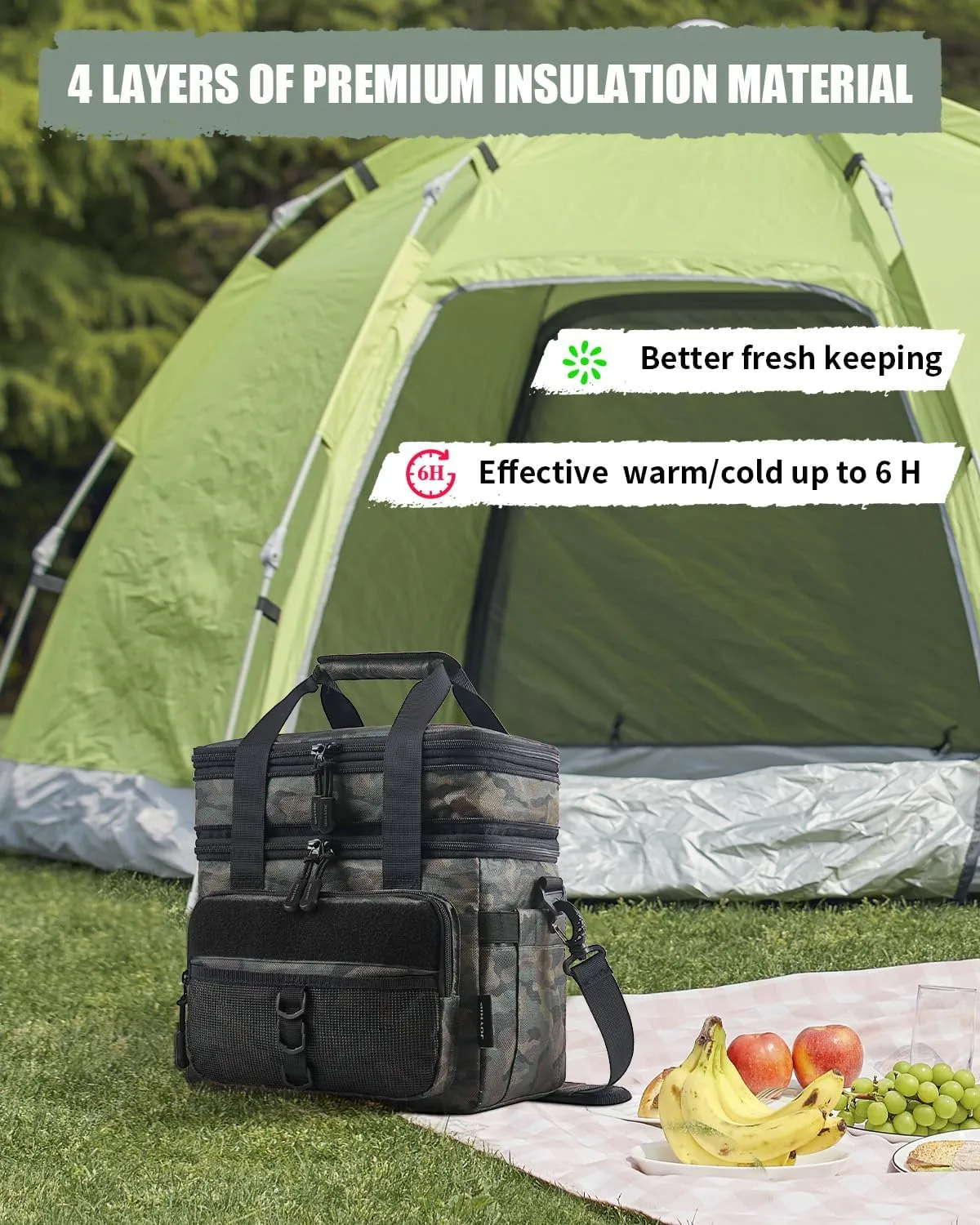 JOYHILL 18 L Tactical Lunch Box - Insulated, Leakproof, and Expandable Double-Deck Cooler Bag for Work, Camping, Picnic - Durable Black Lunch Bag for Adults,24 Can