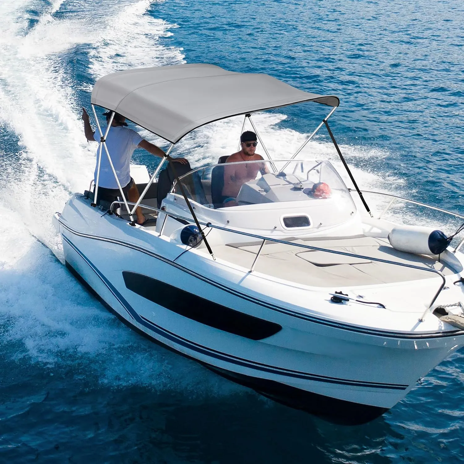 KAKIT 3 Bow Bimini Top for Boats, Heavy Duty 7 Layers 1200D Oxford Boat Canopy with Support Poles & Storage Boot