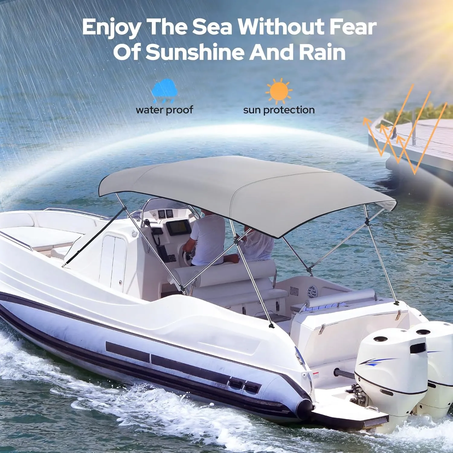 KAKIT 3 Bow Bimini Top for Boats, Heavy Duty 7 Layers 1200D Oxford Boat Canopy with Support Poles & Storage Boot
