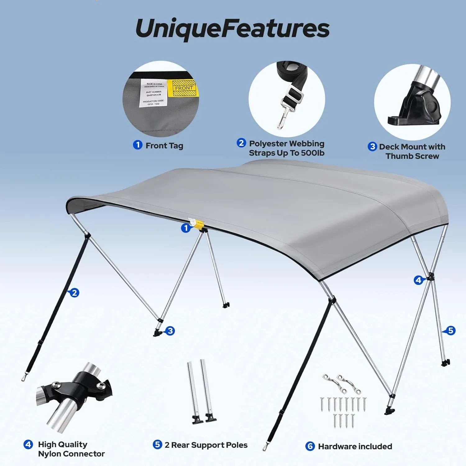 KAKIT 3 Bow Bimini Top for Boats, Heavy Duty 7 Layers 1200D Oxford Boat Canopy with Support Poles & Storage Boot