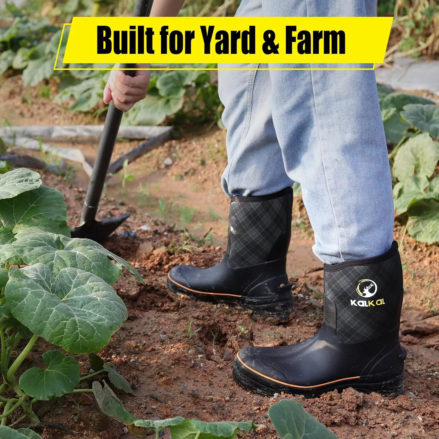 Kalkal Rubber Boots for Men, 6mm Neoprene Insulated Rain Boots with Steel Shank, Waterproof Mid Calf Rubber Work Boots For Mud Gardening Farming Fishing Hunting Working, Size 7-14